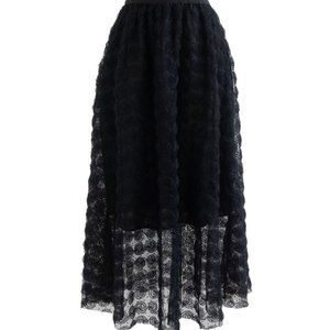 3D ROSE MESH TULLE MIDI SKIRT IN BLACK